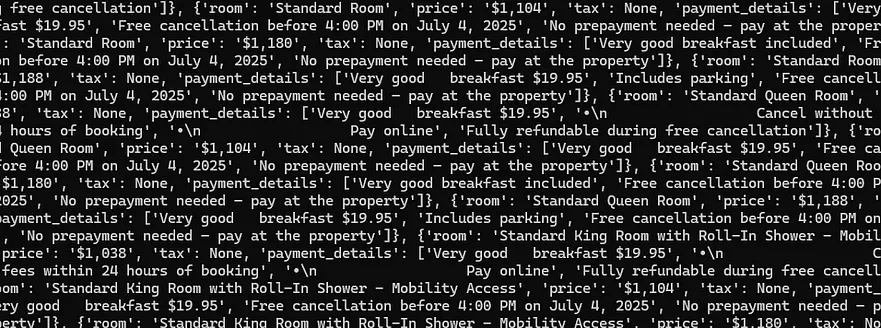 Raw Python output listing room types, prices, taxes and cancellation terms returned by the API