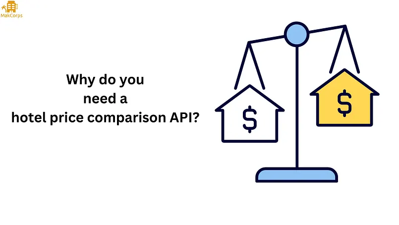 Title card asking 'Why do you need a hotel price comparison API?' beside scales weighing two priced properties