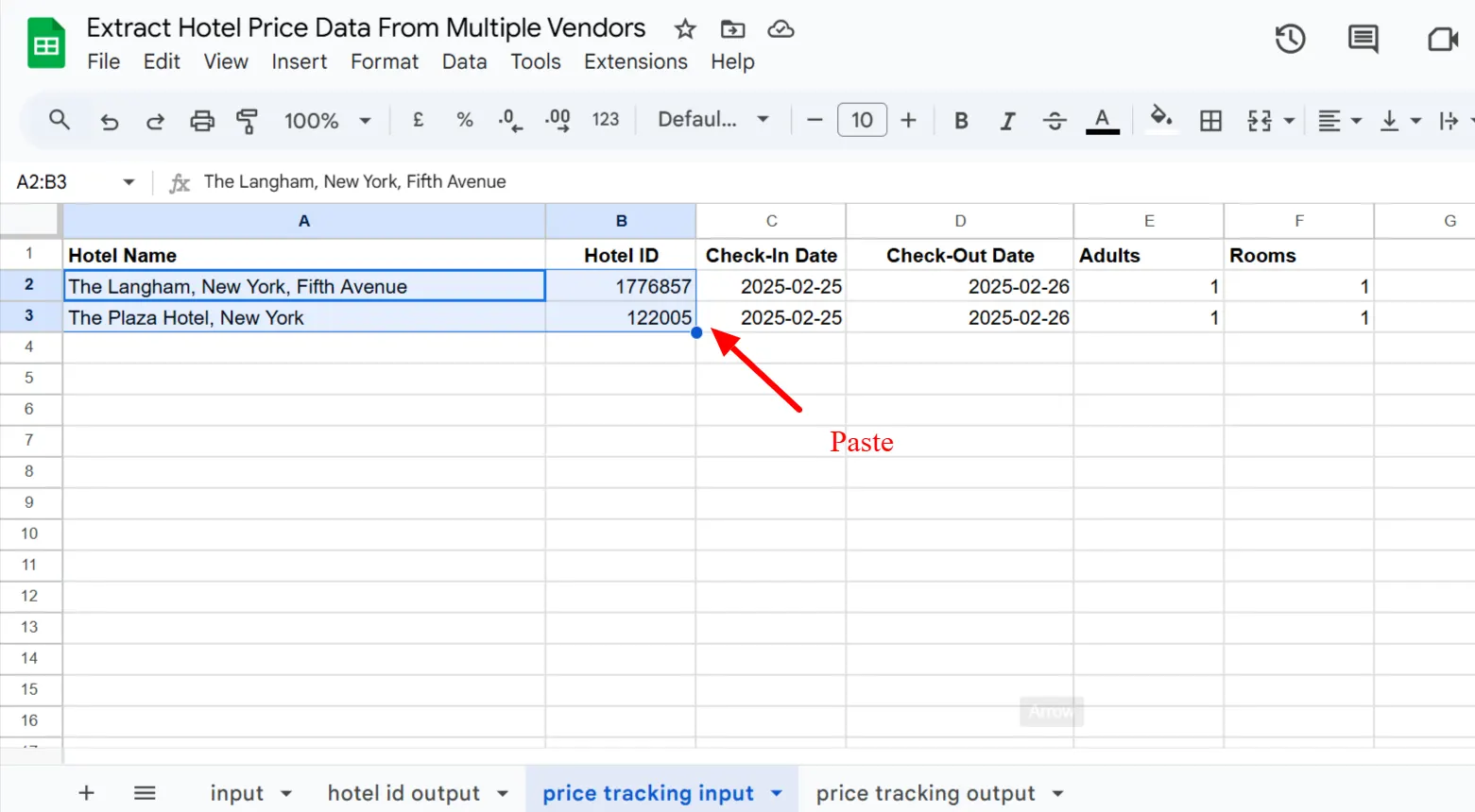 'Price tracking input' tab with hotel names, IDs, dates and occupancy pasted in
