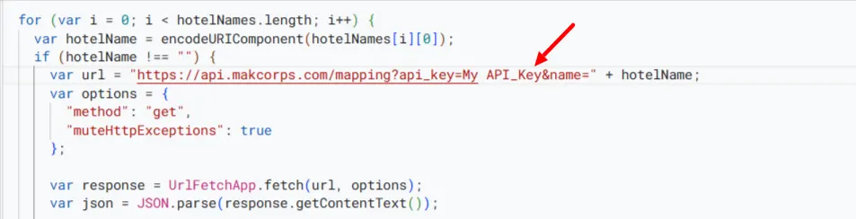 Close-up of the code that builds the Makcorps mapping URL, with a red arrow at the API key placeholder
