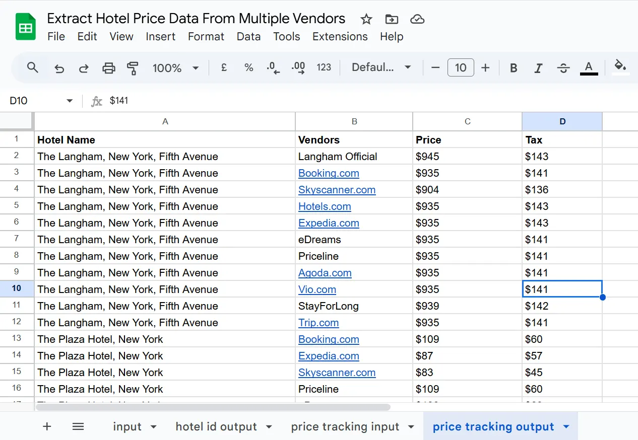 'Price tracking output' tab filled with per-vendor prices and taxes for The Langham and The Plaza