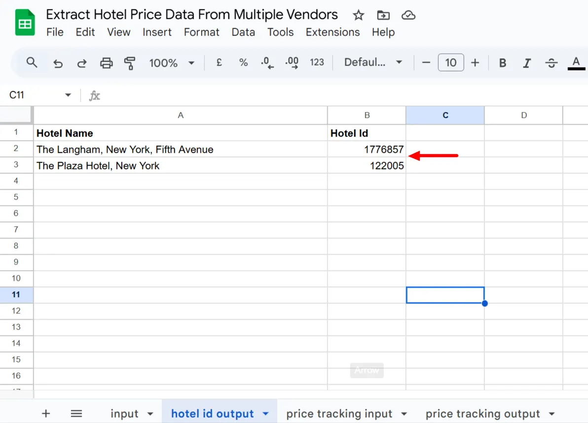 'Hotel id output' tab populated with the hotel IDs returned for The Langham and The Plaza