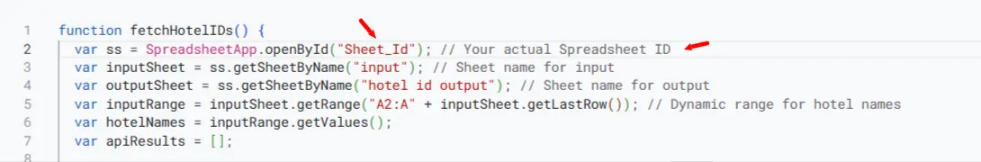 Close-up of the fetchHotelIDs function with the spreadsheet ID placeholder underlined