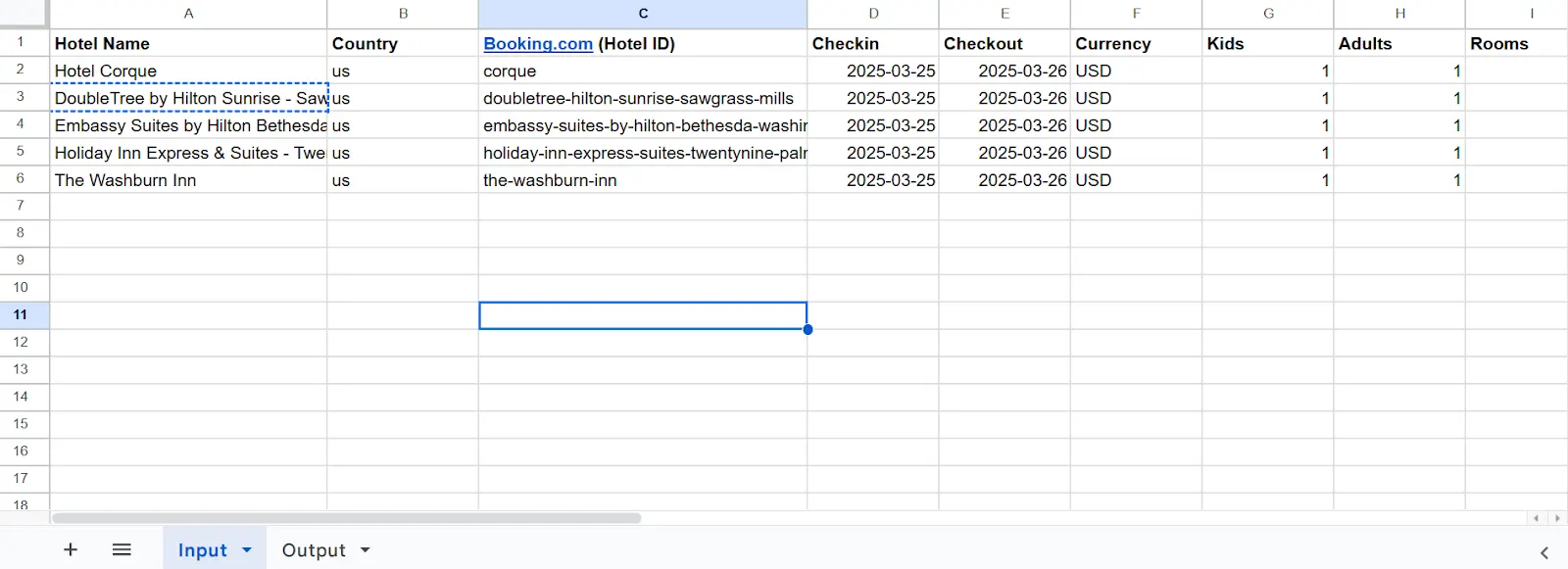 Google Sheet input tab filled with five hotel names, their Booking.com IDs, check-in and check-out dates, currency and occupancy