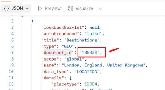 API response for London with the location's document ID highlighted in red