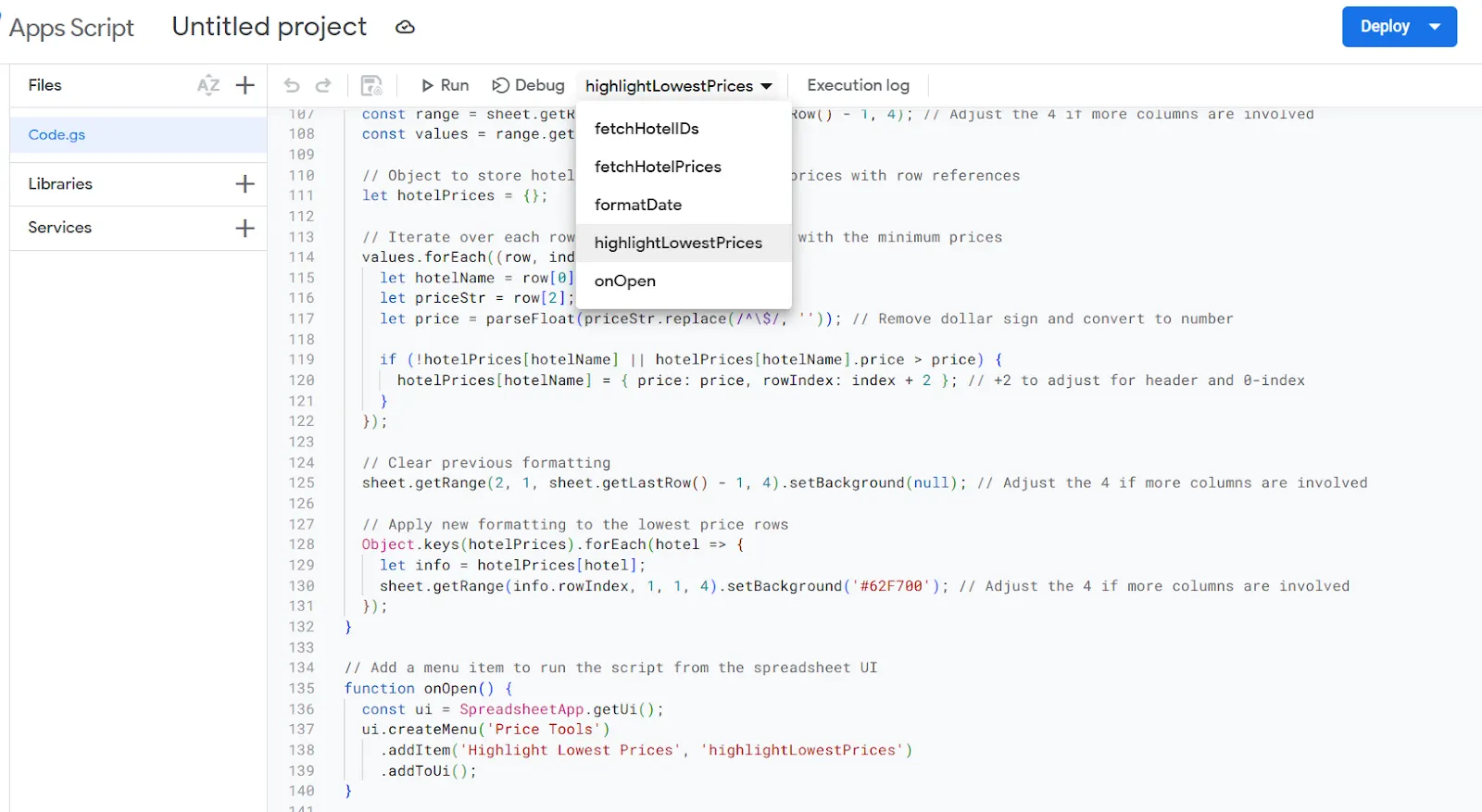 Apps Script function dropdown listing fetchHotelIDs, fetchHotelPrices, formatDate, highlightLowestPrices and onOpen