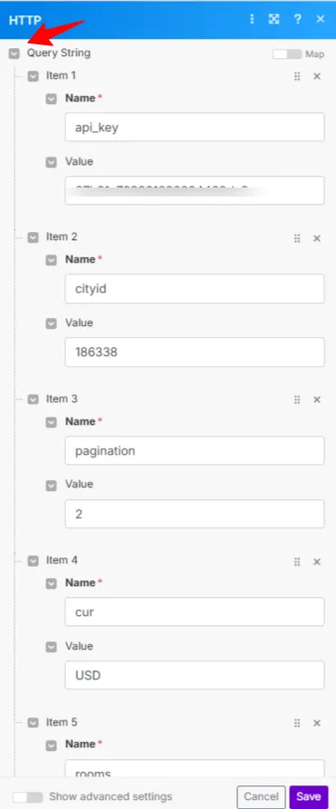 Make.com HTTP module query string set to the api_key, city ID, pagination and currency parameters