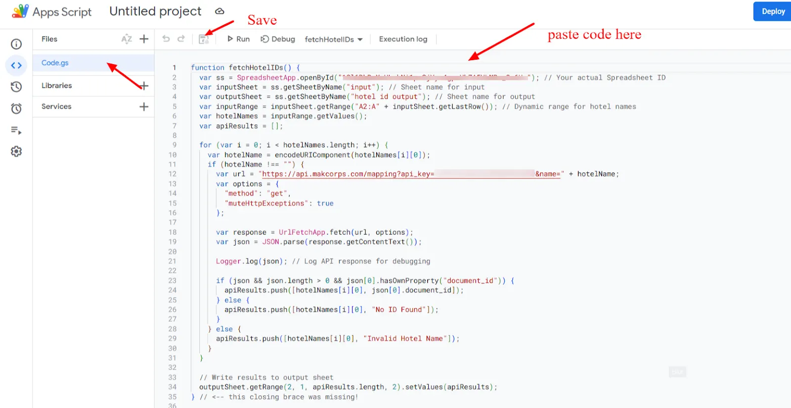 Apps Script editor with red arrows marking where to paste the code and the Save button