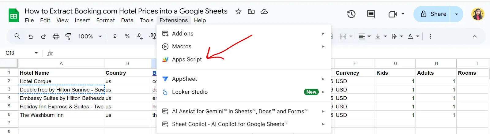 Google Sheets Extensions menu open with a red arrow pointing at Apps Script
