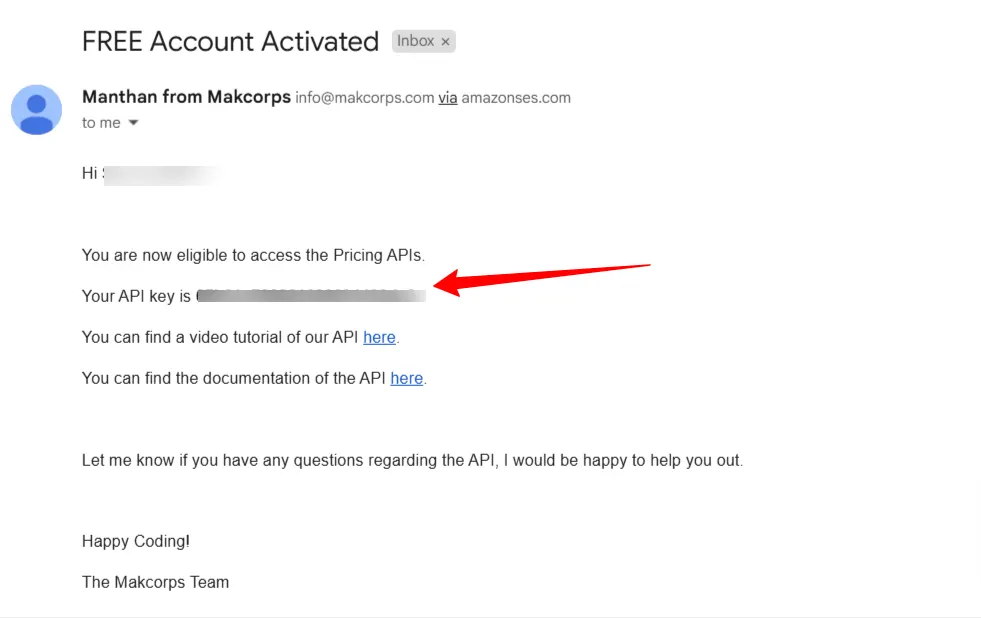Makcorps 'Free Account Activated' email with a red arrow pointing to the API key