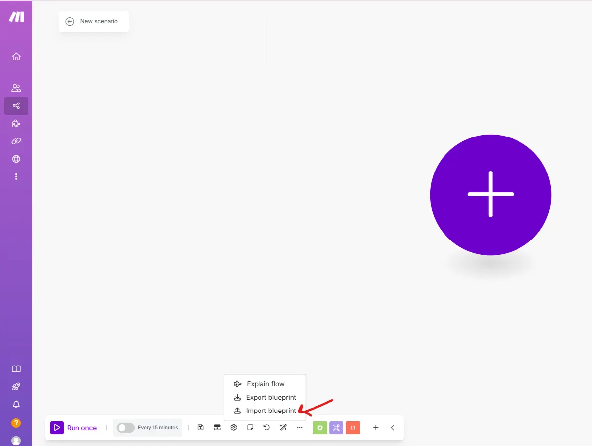 Make.com scenario menu with a red arrow pointing at Import blueprint