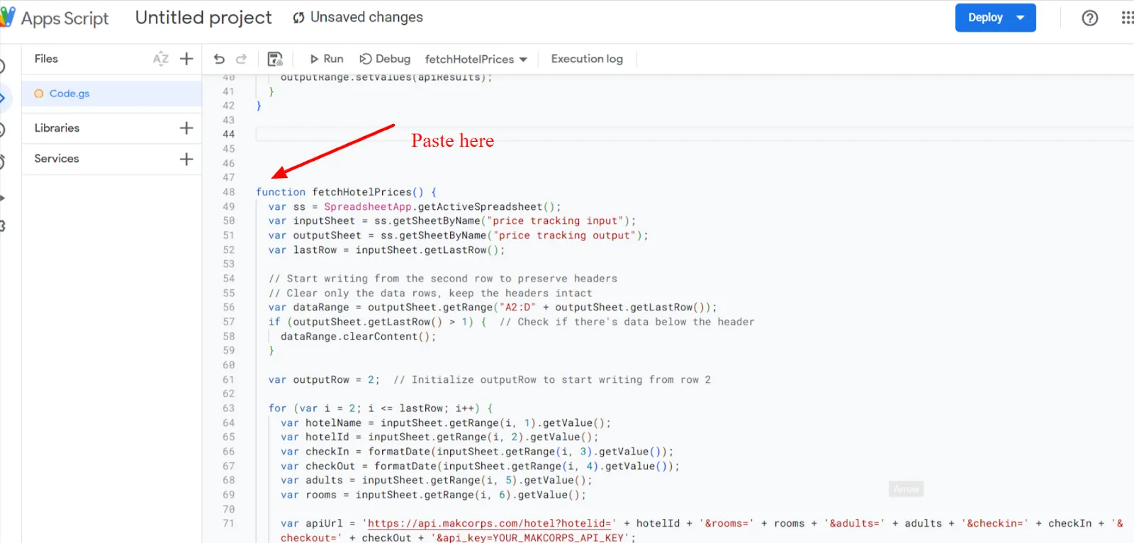 Apps Script editor with a red arrow marking where to paste the fetchHotelPrices function