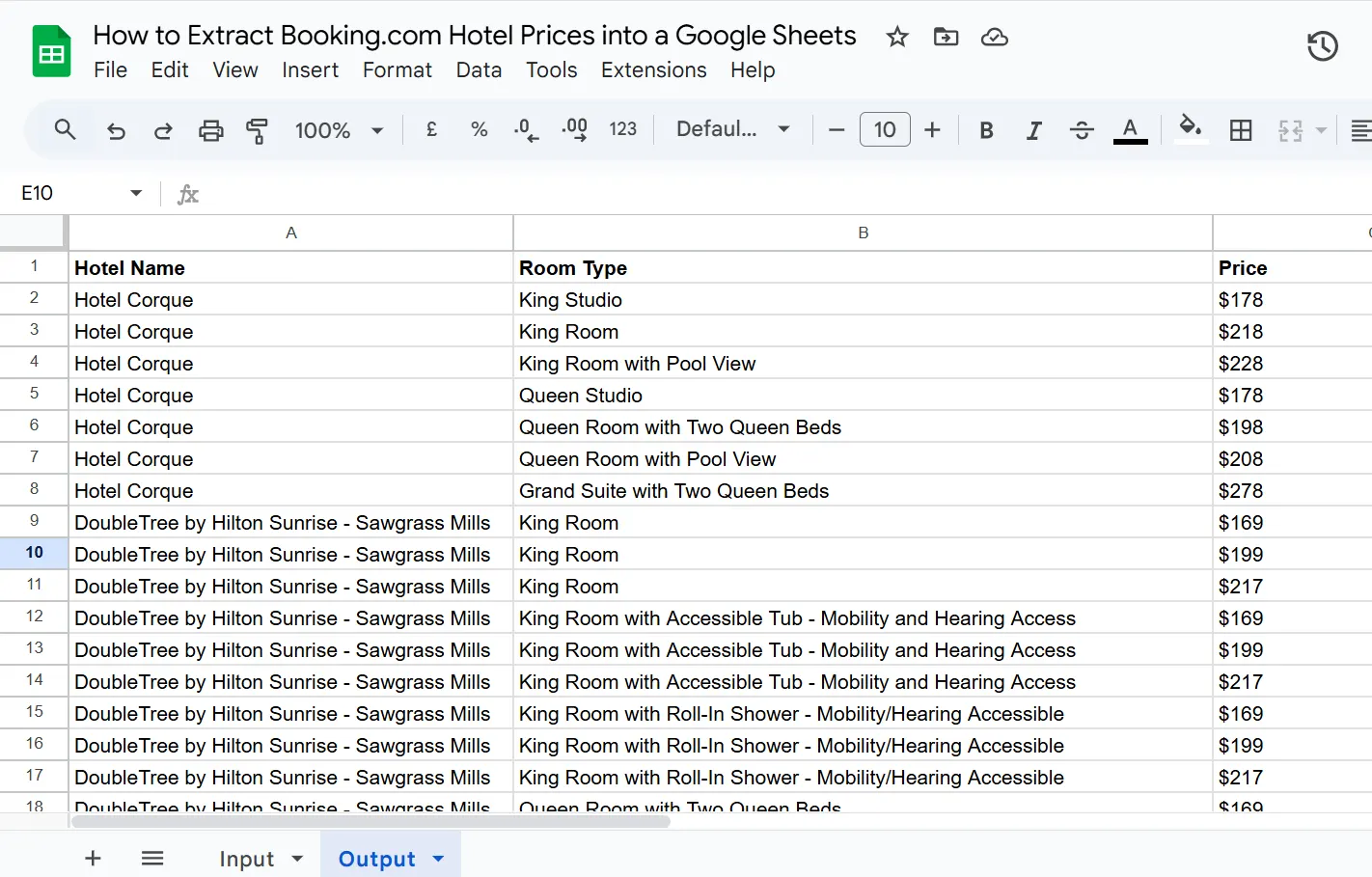 Google Sheet output tab listing room types and nightly prices returned for each hotel