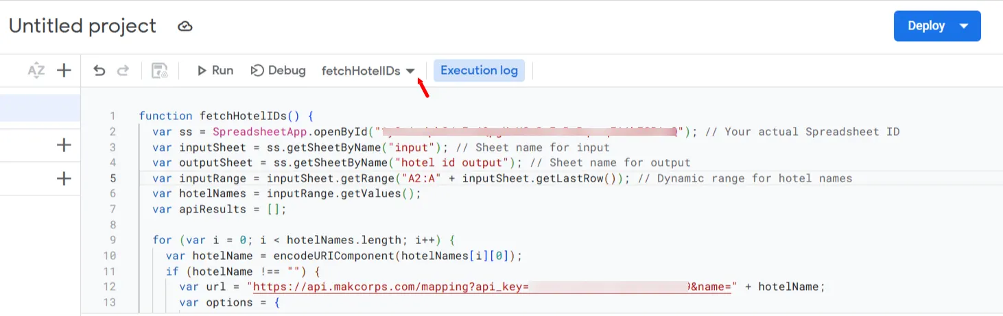 Apps Script editor with a red arrow pointing at the line holding the spreadsheet ID