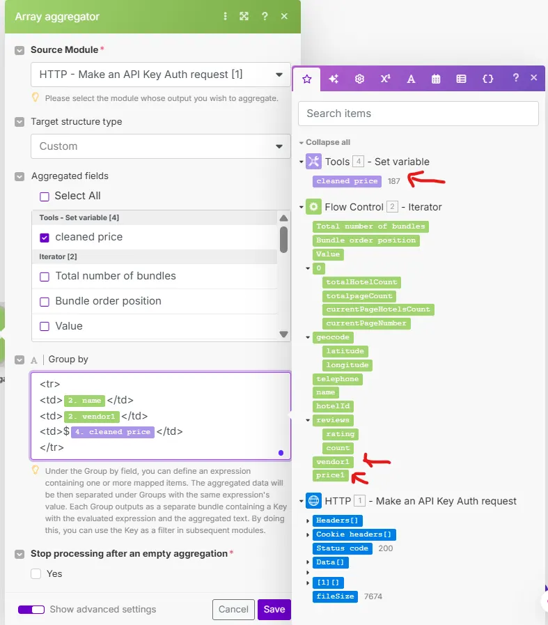 Make.com array aggregator configured to group the hotel name, vendor and price into table rows