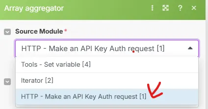 Make.com array aggregator with the source module dropdown open on the HTTP request