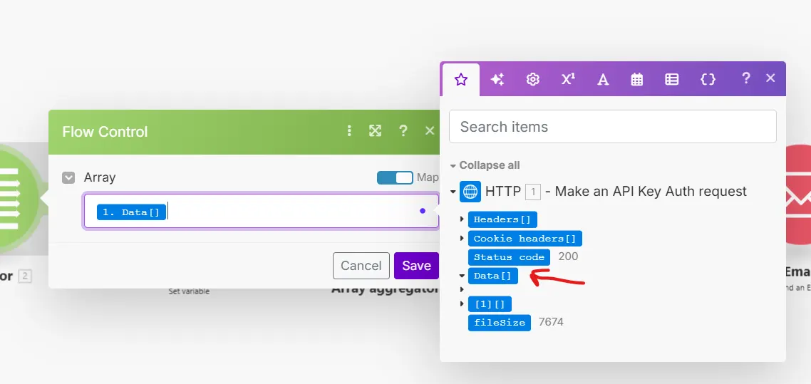 Make.com iterator being mapped to the array of hotels returned by the HTTP module