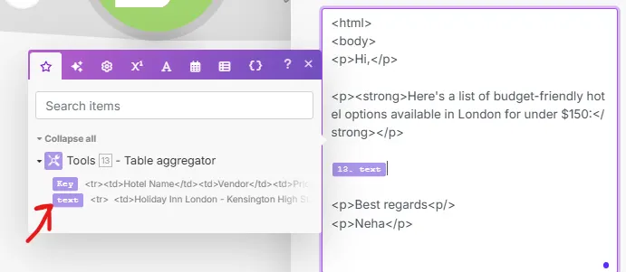 Make.com email body with the aggregated hotel table mapped into the HTML