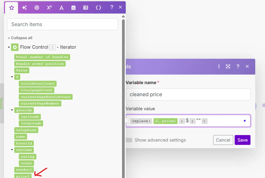 Make.com Set variable module creating a cleaned price value with a replace formula