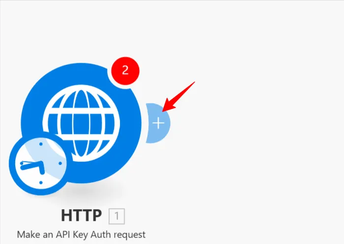 Make.com canvas showing the HTTP API key auth module with a red arrow at the button that adds the next module