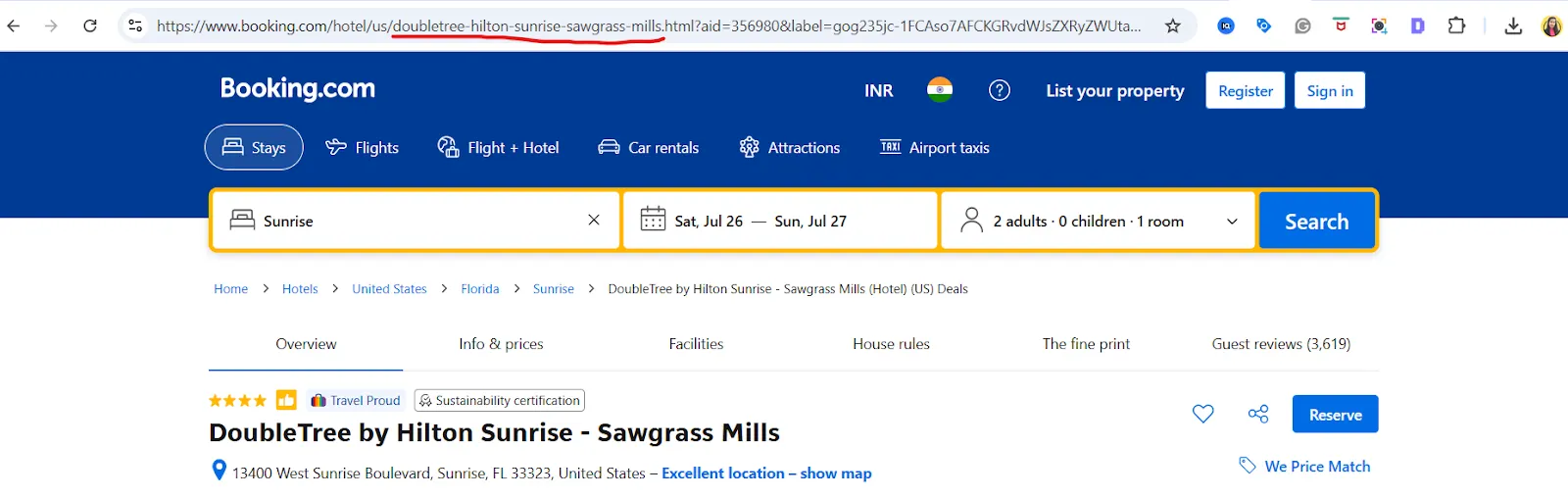 Booking.com listing for DoubleTree by Hilton Sunrise - Sawgrass Mills with the hotel ID underlined in the browser address bar