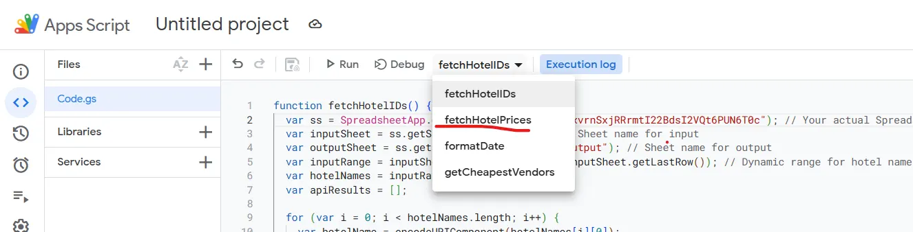 Apps Script function dropdown with fetchHotelPrices underlined
