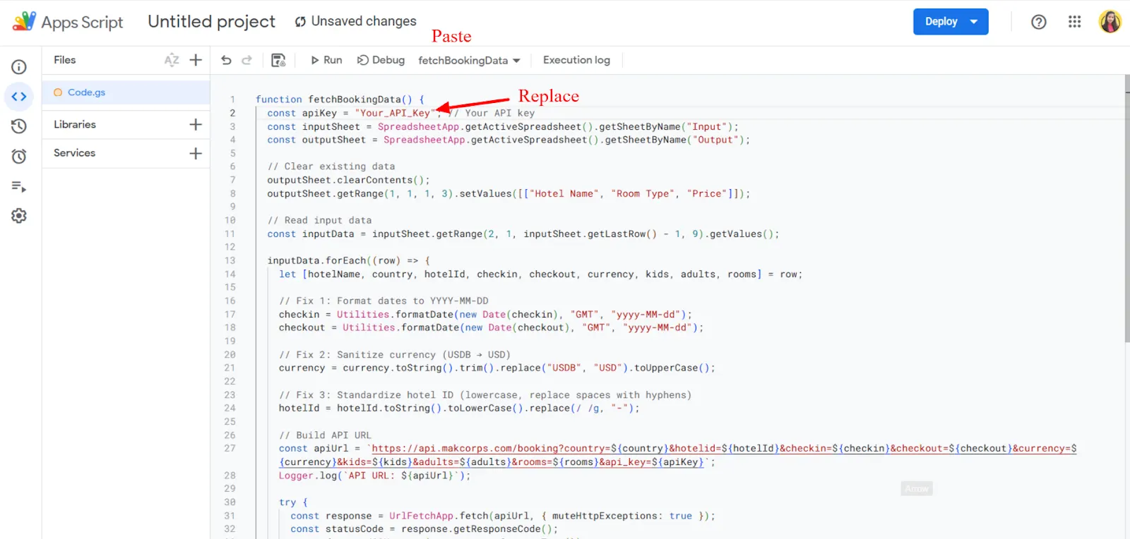 Apps Script editor with a red arrow marking the line where the Makcorps API key is pasted
