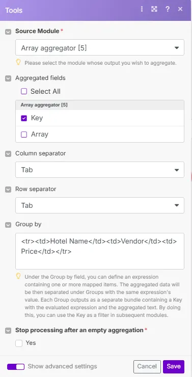 Make.com table aggregator grouping the aggregated hotels into hotel name, vendor and price columns