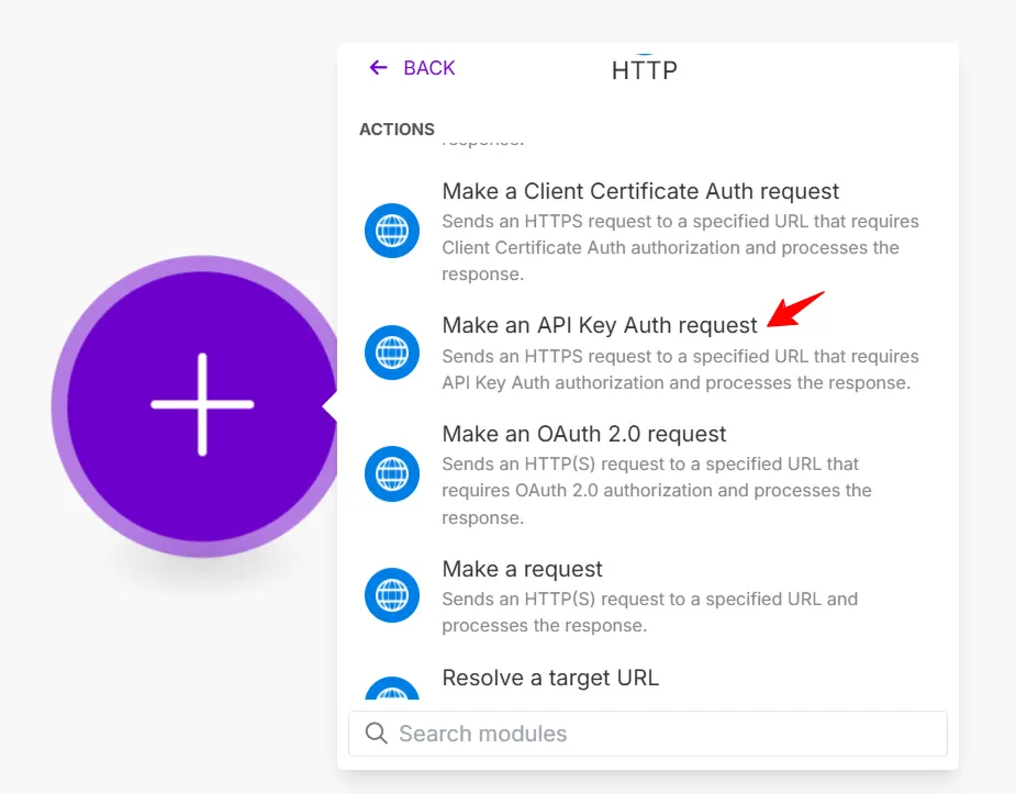 Make.com HTTP module action list with a red arrow at 'Make an API Key Auth request'