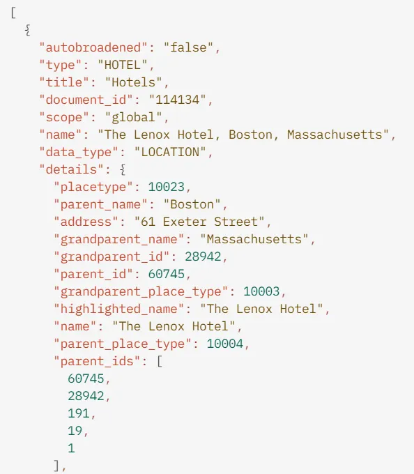 Mapping API response for The Lenox Hotel in Boston, showing its document ID, address and parent locations