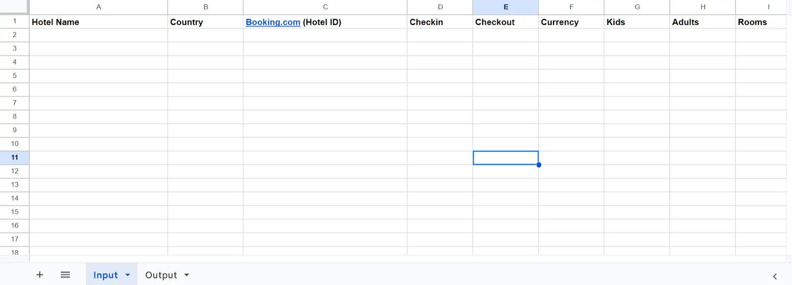 Empty Google Sheet with column headers for hotel name, country, Booking.com hotel ID, check-in, check-out, currency, kids, adults and rooms