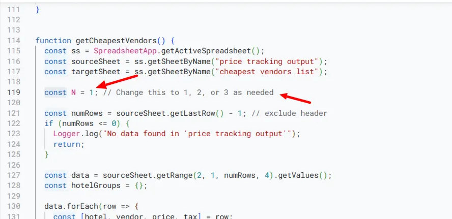 getCheapestVendors code with a red arrow at the line setting how many cheapest vendors to return