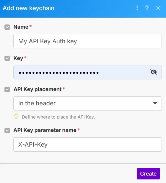 Make.com 'Add new keychain' dialog placing the API key in the header as X-API-Key