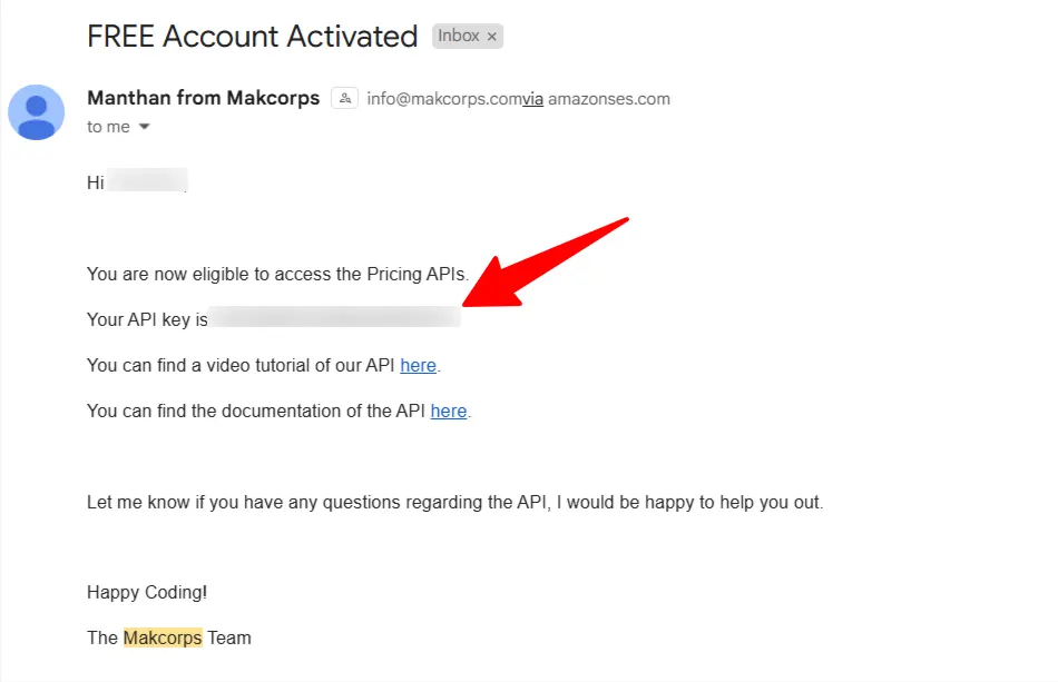 Makcorps 'Free Account Activated' email with a red arrow pointing to the API key