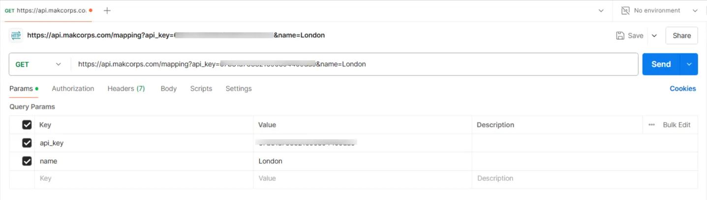 Postman request to the Makcorps mapping endpoint with the api_key and a name of London