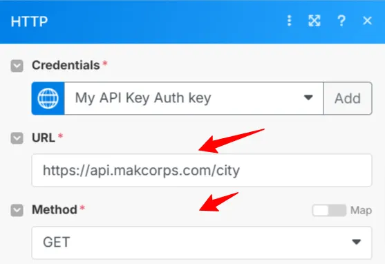 Make.com HTTP module with red arrows at the Makcorps city endpoint URL and the GET method