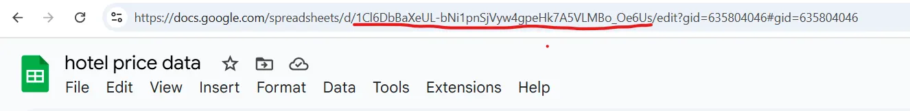 Browser address bar of the hotel price data spreadsheet, showing the spreadsheet ID in the URL