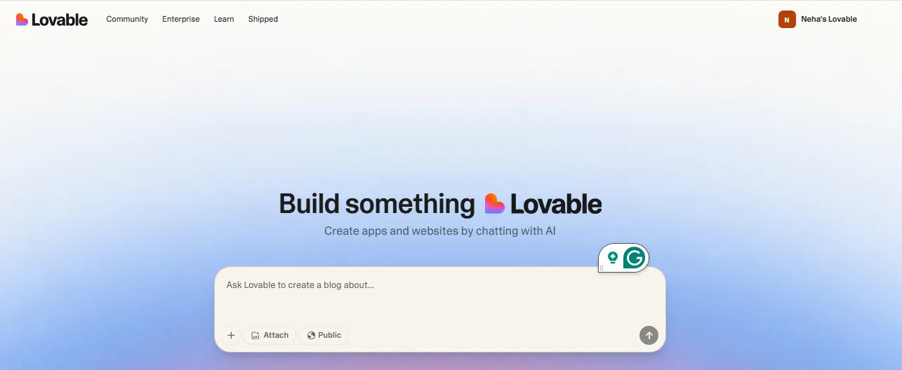 Lovable homepage with the prompt box for describing an app to build