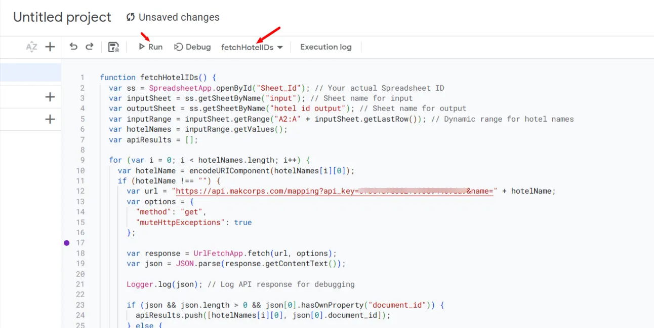 Apps Script editor with red arrows on the Run button and the function selector set to fetchHotelIDs