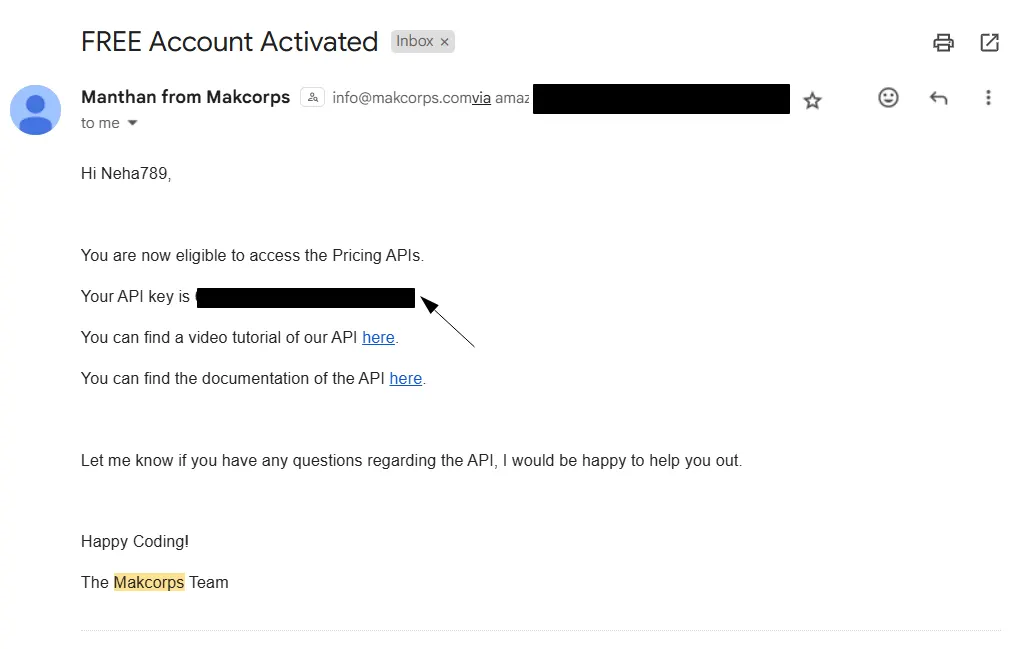 Makcorps 'Free Account Activated' email with an arrow pointing to the API key