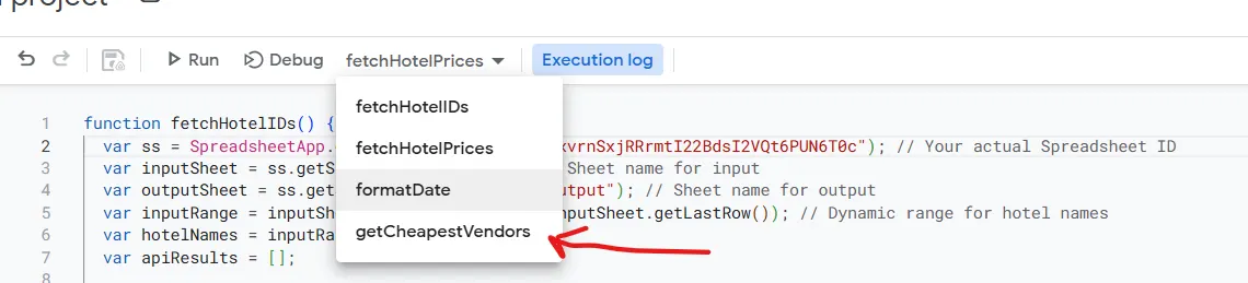 Apps Script function dropdown with a red arrow pointing at getCheapestVendors