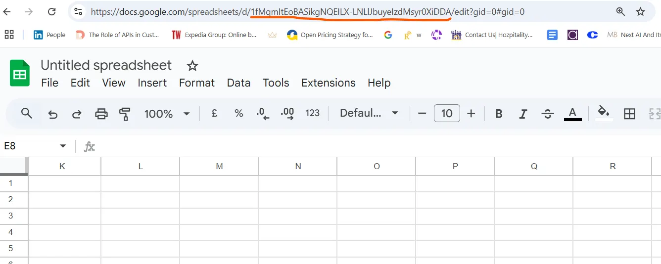 New blank Google spreadsheet with its spreadsheet ID visible in the browser address bar