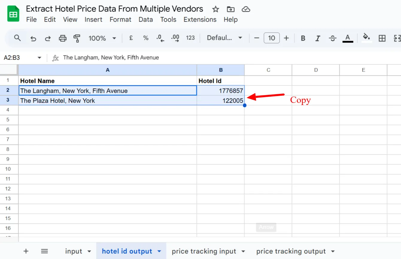 Both hotel ID rows selected in the sheet, ready to copy