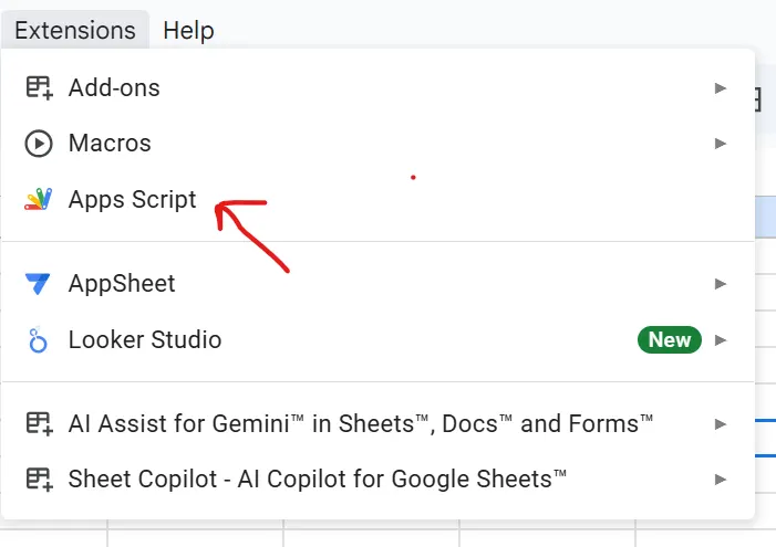 Google Sheets Extensions menu with a red arrow pointing at Apps Script