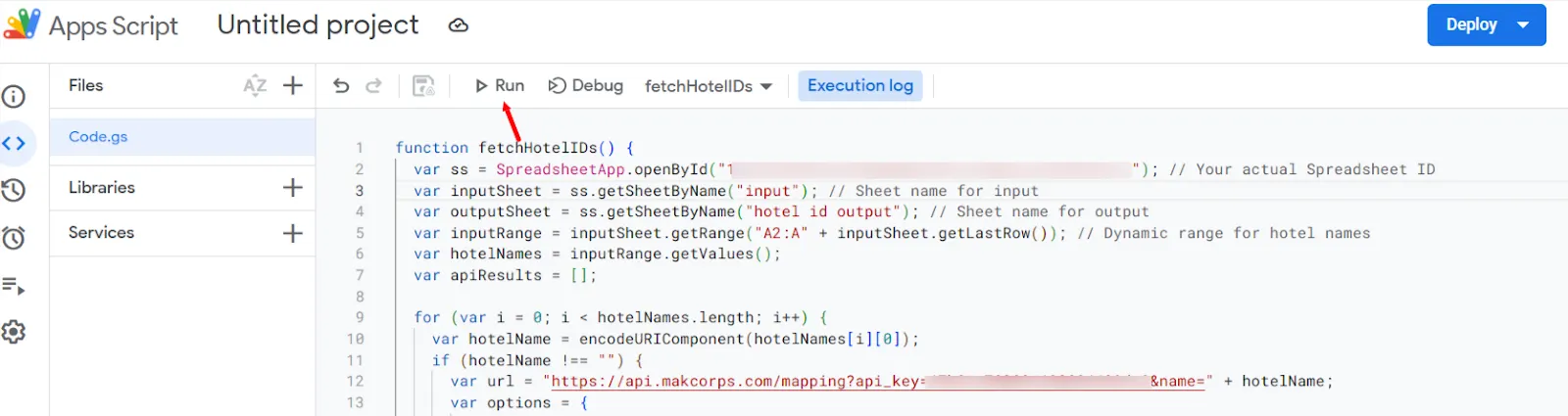 Apps Script editor showing the fetchHotelIDs function that calls the Makcorps mapping endpoint