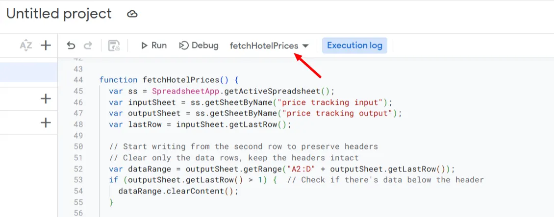 Apps Script editor with a red arrow pointing at the function selector set to fetchHotelPrices
