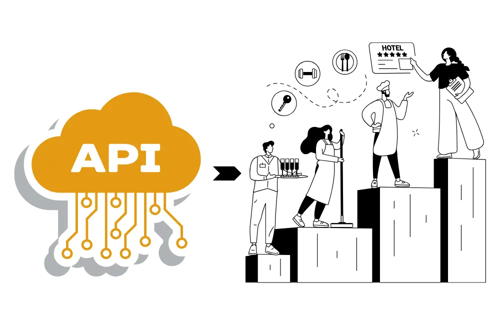 Illustration of an API cloud feeding data to a hotel team climbing a set of steps