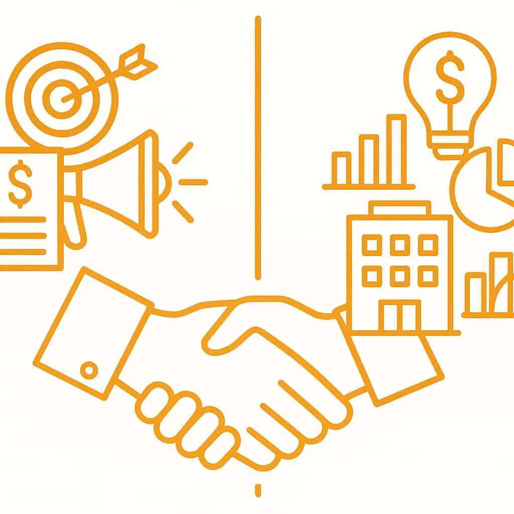 Illustration of marketing and revenue teams collaborating, with a target, megaphone, charts and a handshake