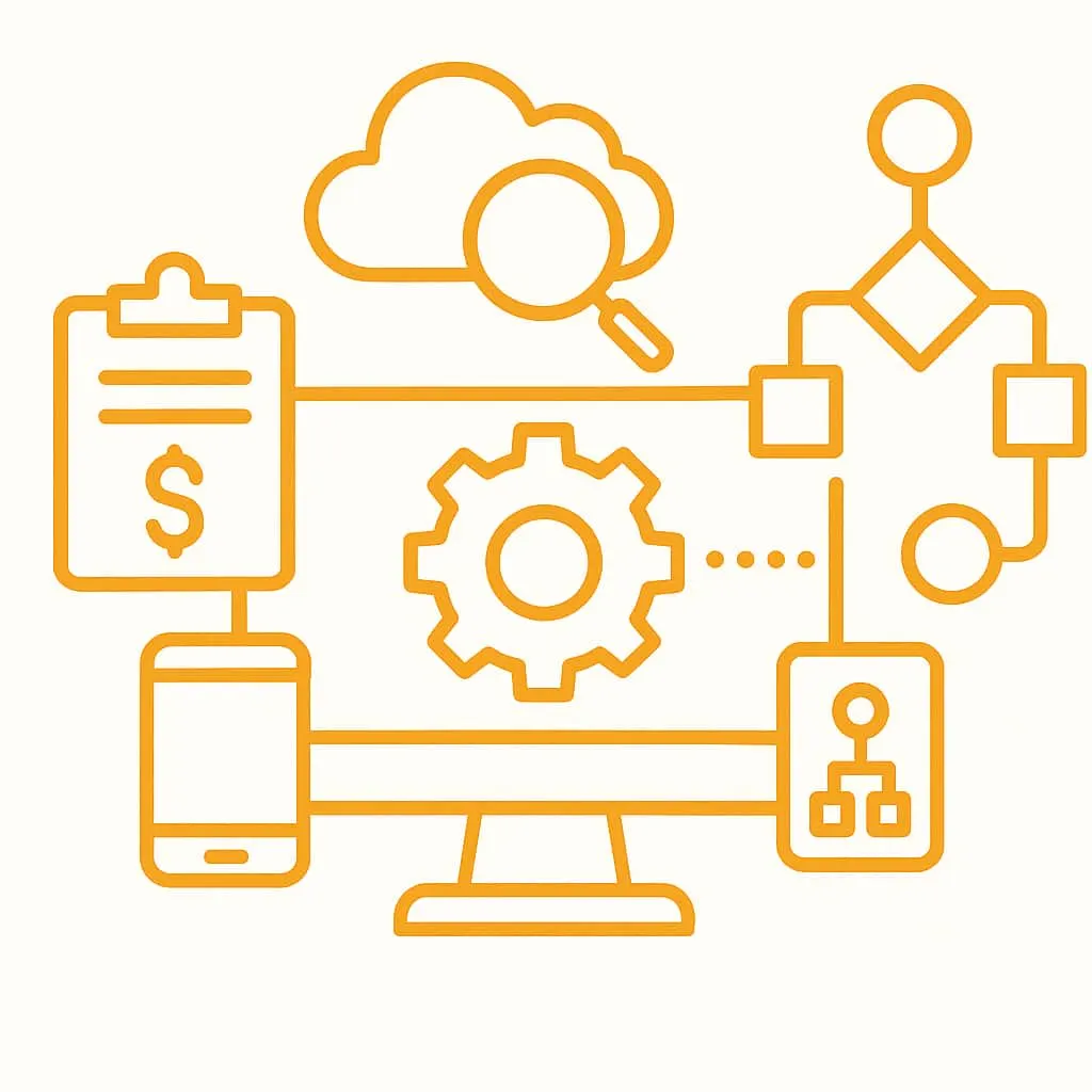 Illustration of unified tools and processes, with cloud data feeding a connected desktop and mobile workflow