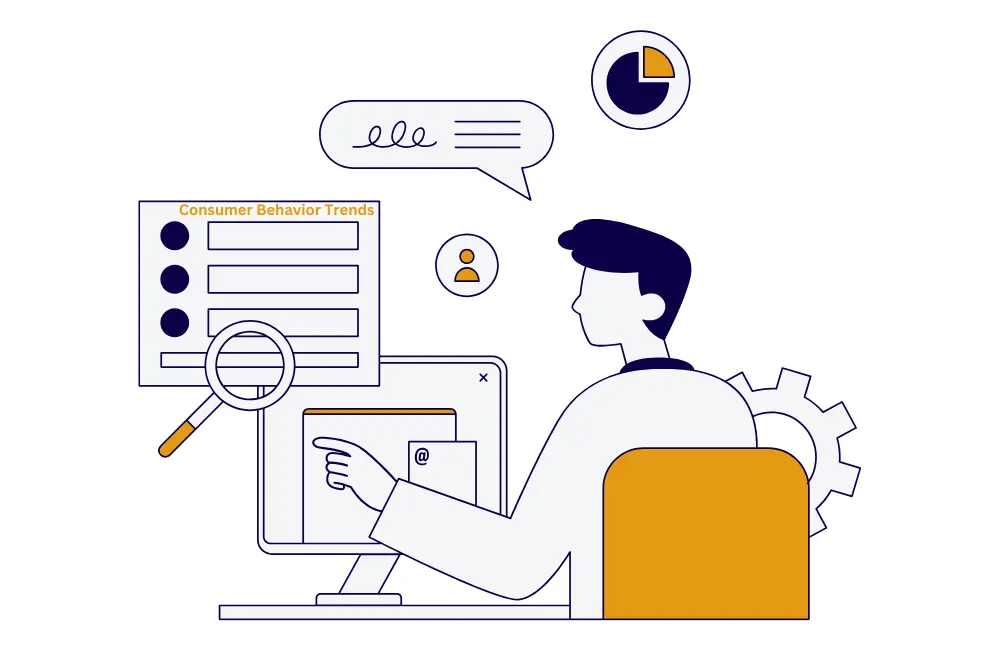 Illustration of an analyst examining consumer behaviour trends on a dashboard with a magnifying glass